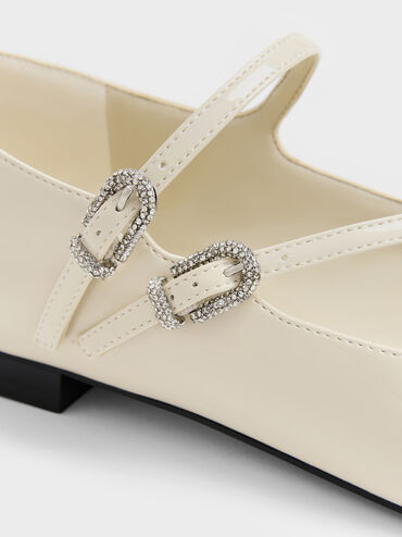 Patent Crystal-Buckle Double-Strap Mary Janes, Chalk, hi-res