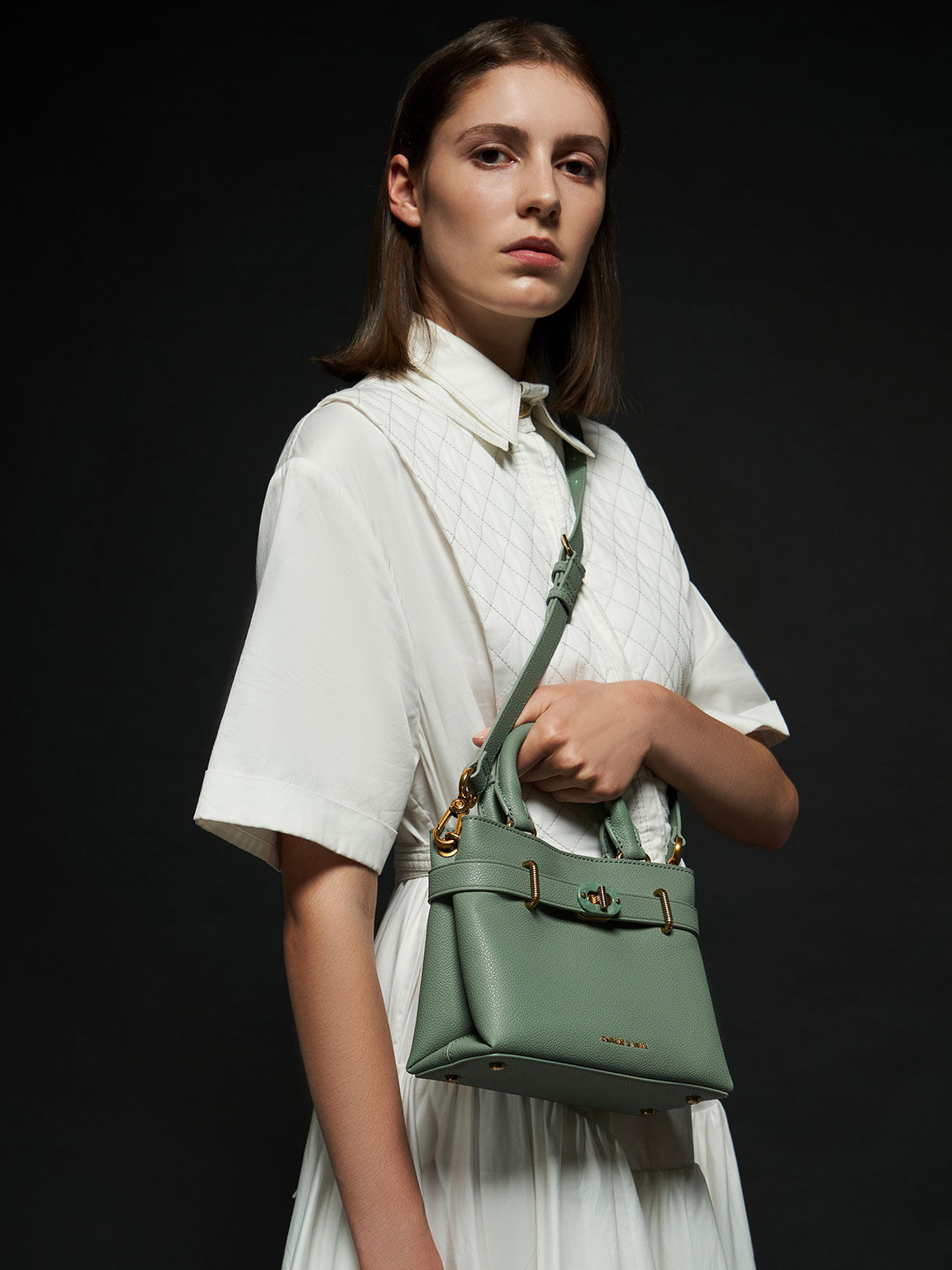 Double Handle Turn-Lock Structured Bag, Sage Green, hi-res
