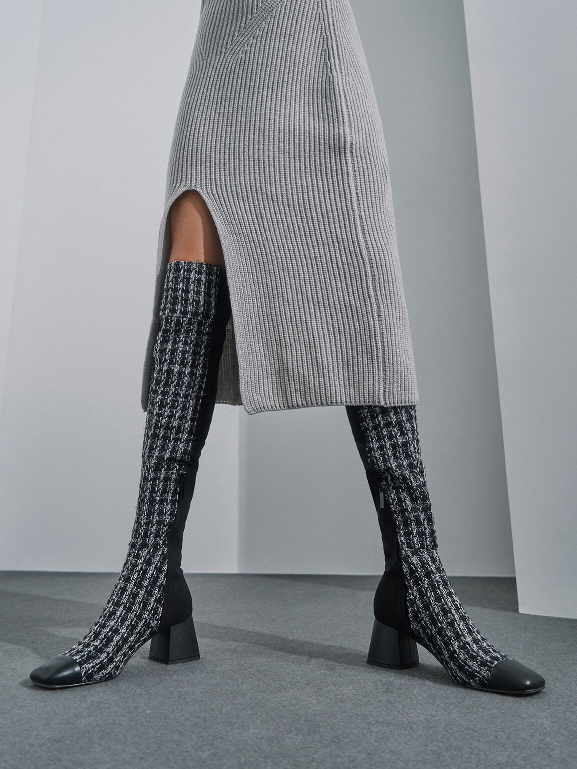 Tweed & Leather Thigh High Boots, Multi, hi-res