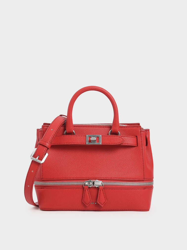 Two-Way Zip Structured Bag, Red, hi-res