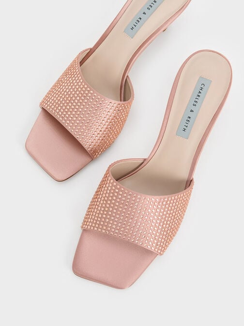 Recycled Polyester Crystal-Embellished Heeled Mules, Nude, hi-res