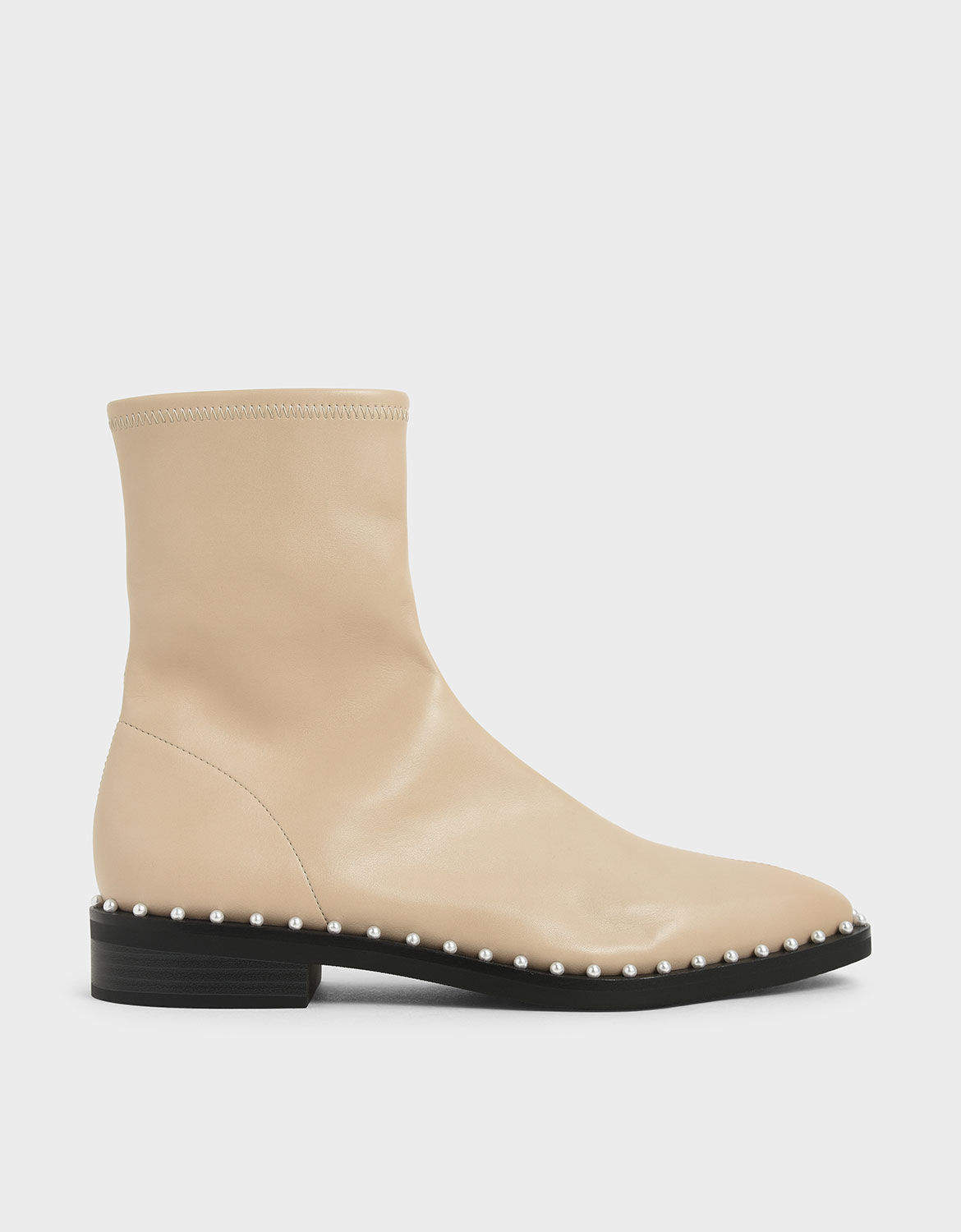 Beige Stud-Trim Ankle Boots | CHARLES 