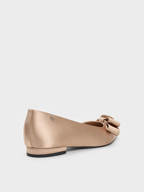 Pleated-Bow Pointed Ballet Flats, Nude, hi-res