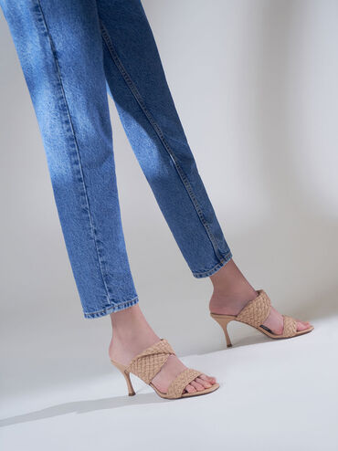 Double Strap Woven Heeled Mules, Nude, hi-res