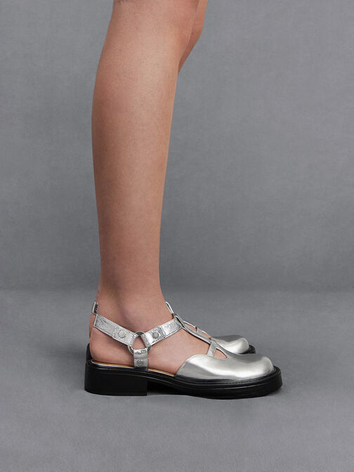 Metallic Leather Cut-Out T-Bar Mary Jane Flats, Silver, hi-res