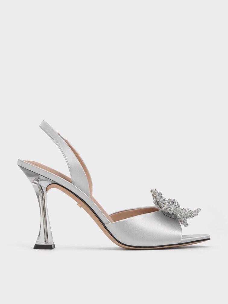 Silver Recycled Polyester Beaded Bow Slingback Pumps - CHARLES & KEITH ZA