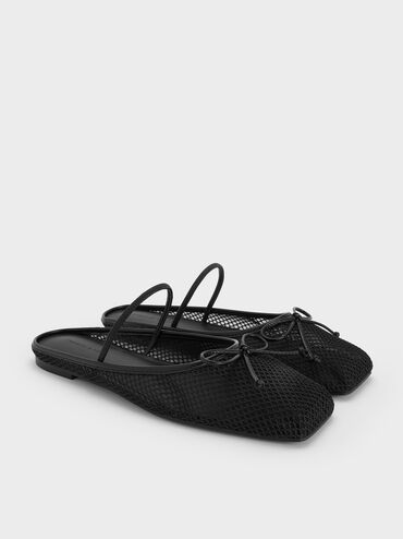 Mesh Bow Square-Toe Ballet Mules, Black Textured, hi-res