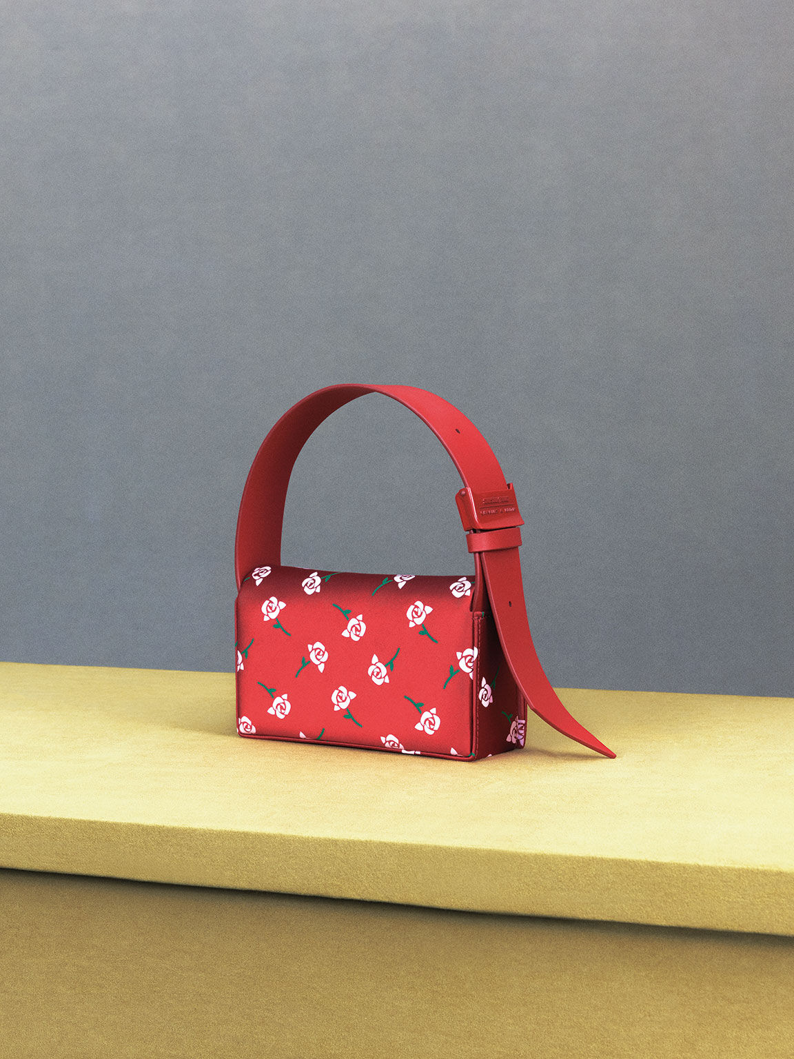 Chloris Satin & Leather Rose-Print Shoulder Bag, Red, hi-res