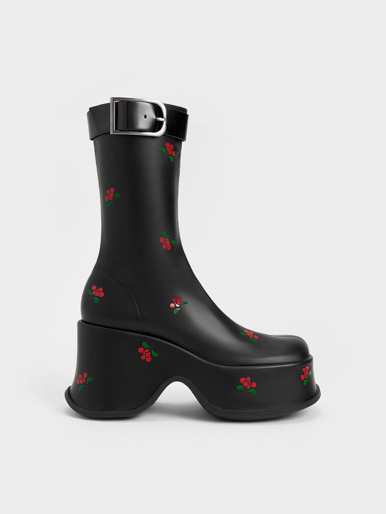 Carlisle Floral Platform Boots, Black Textured, hi-res