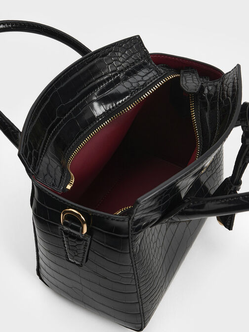 Croc-Effect Trapeze Tote Bag, Black, hi-res