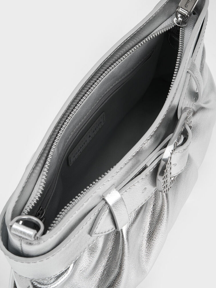 Avis Metallic Belted Ruched Shoulder Bag, Silver, hi-res