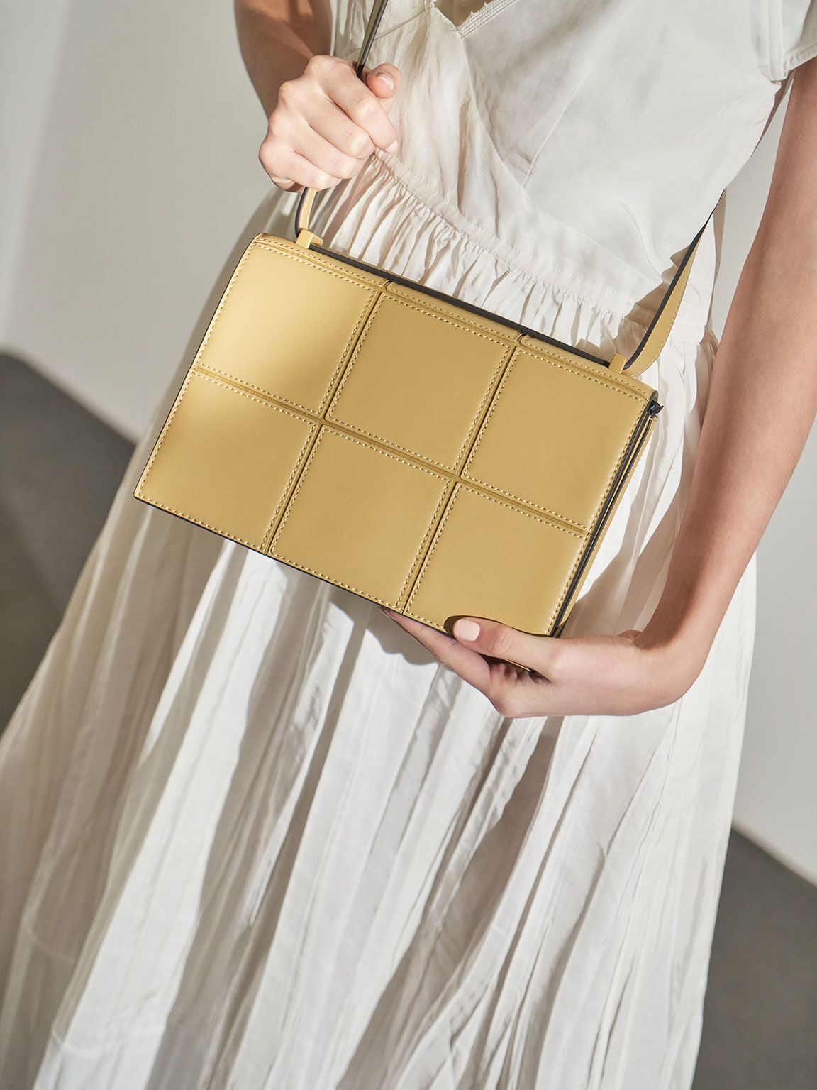 Textured Panelled Shoulder Bag, Yellow, hi-res