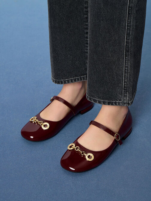 Circle Chain-Link Patent Mary Janes, Burgundy, hi-res