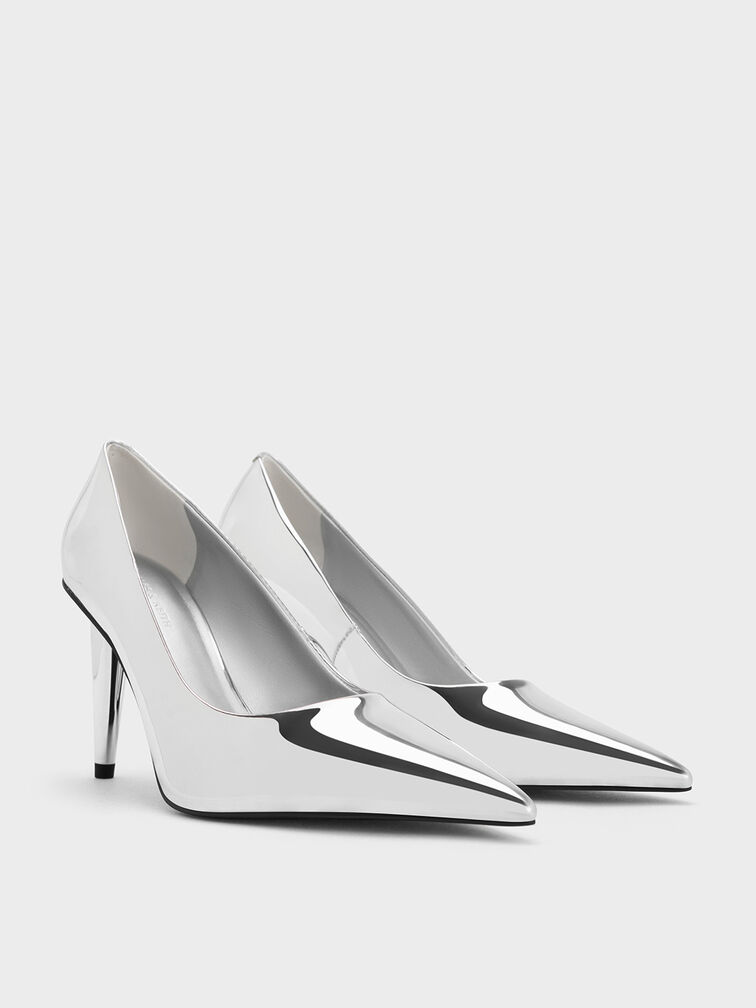 Tacones metálicos con tacón de cono, Plateado, hi-res