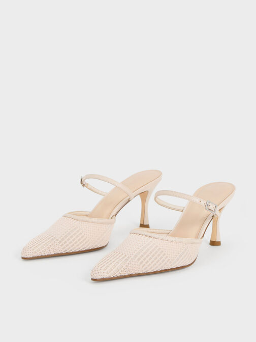 Mesh Woven Heeled Mules, Cream, hi-res