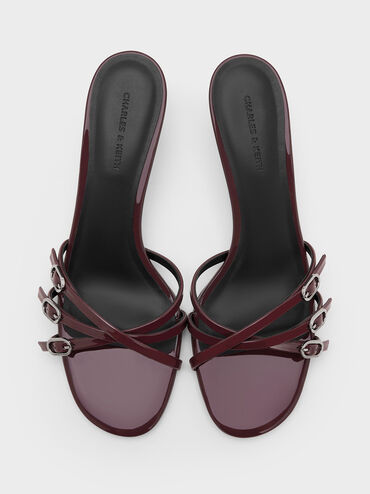 Patent Buckled Strappy Kitten-Heel Mules, Burgundy, hi-res