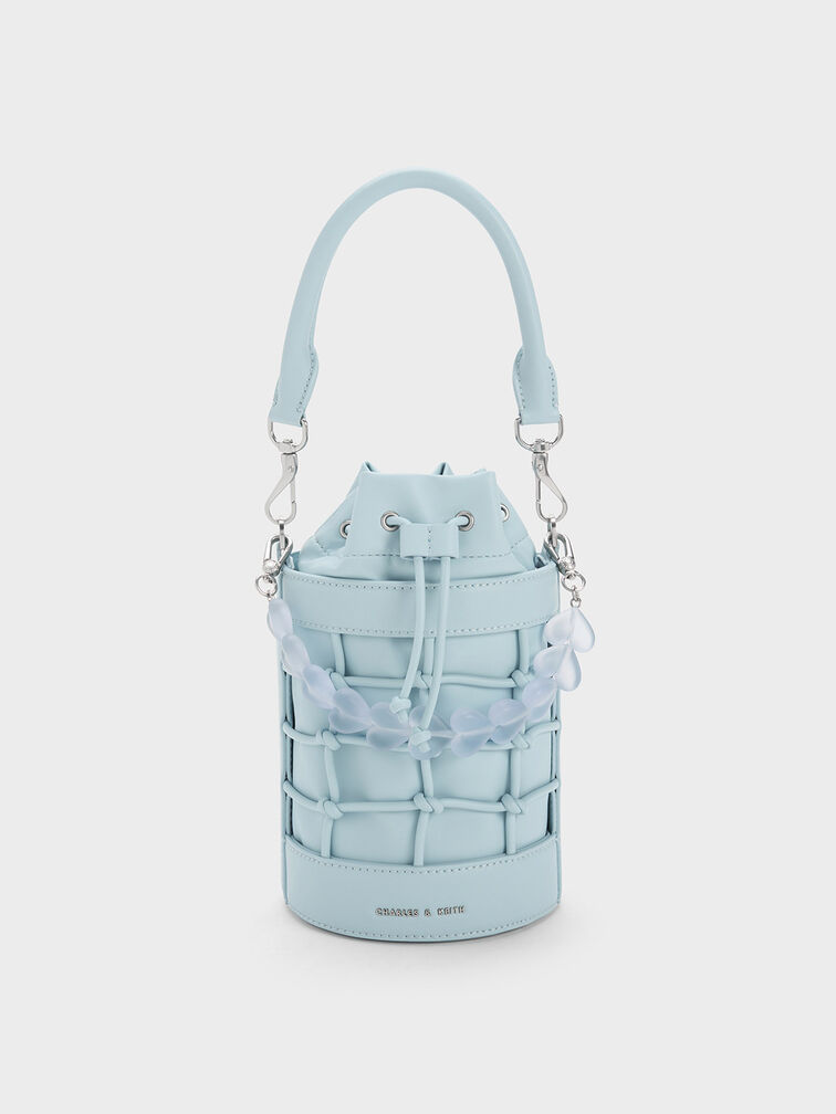 Heart Motif Caged Bucket Bag, Light Blue, hi-res