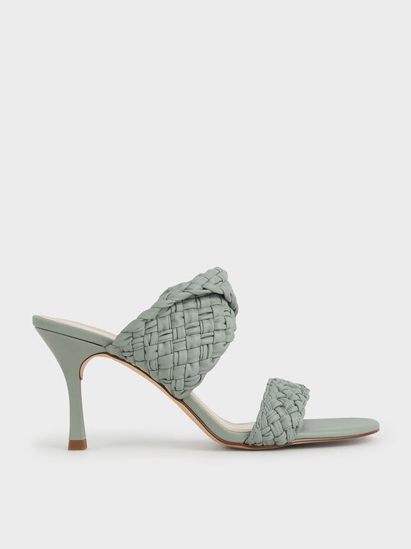 Double Strap Woven Heeled Mules, Sage Green, hi-res