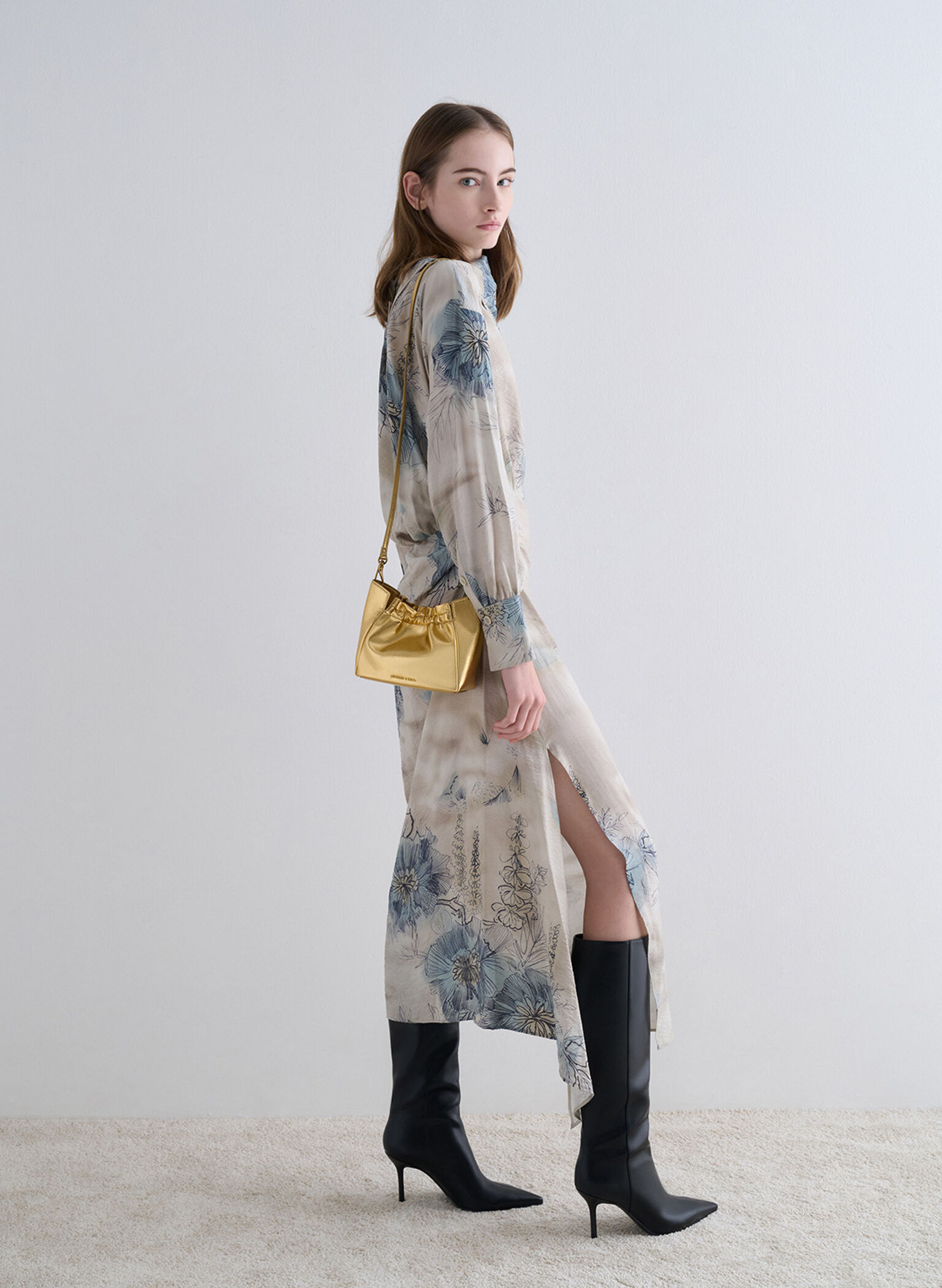 Brigette Ruched Metallic Chain-Handle Shoulder Bag, Gold, hi-res