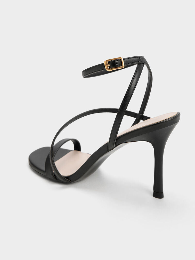 Sandalias de tiras asimétricas con tacón, Negro, hi-res