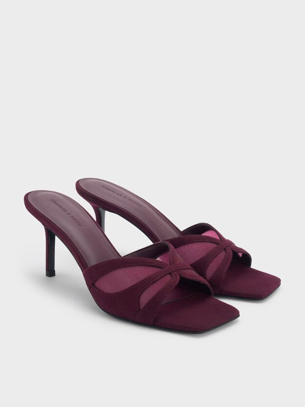 Faux Suede & Mesh Heeled Mules, Burgundy, hi-res