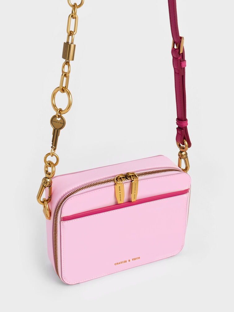 Lock & Key Chain Handle Bag, Pink, hi-res
