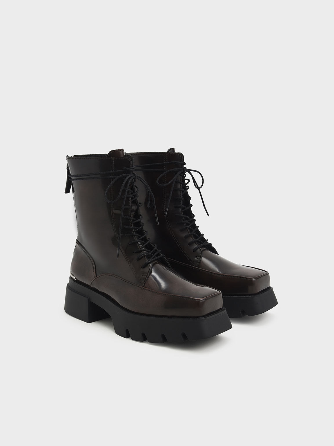 Lace-Up Platform Calf Boots, Dark Brown, hi-res