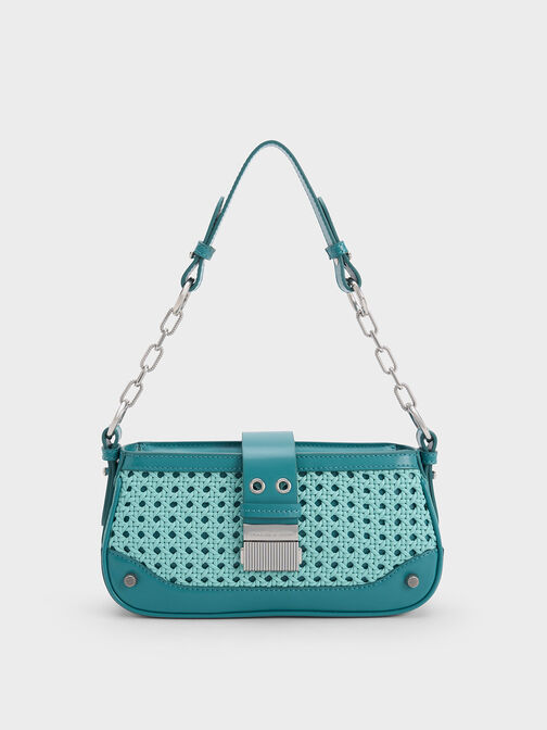 Winslet Woven Belted Shoulder Bag, Turquoise, hi-res