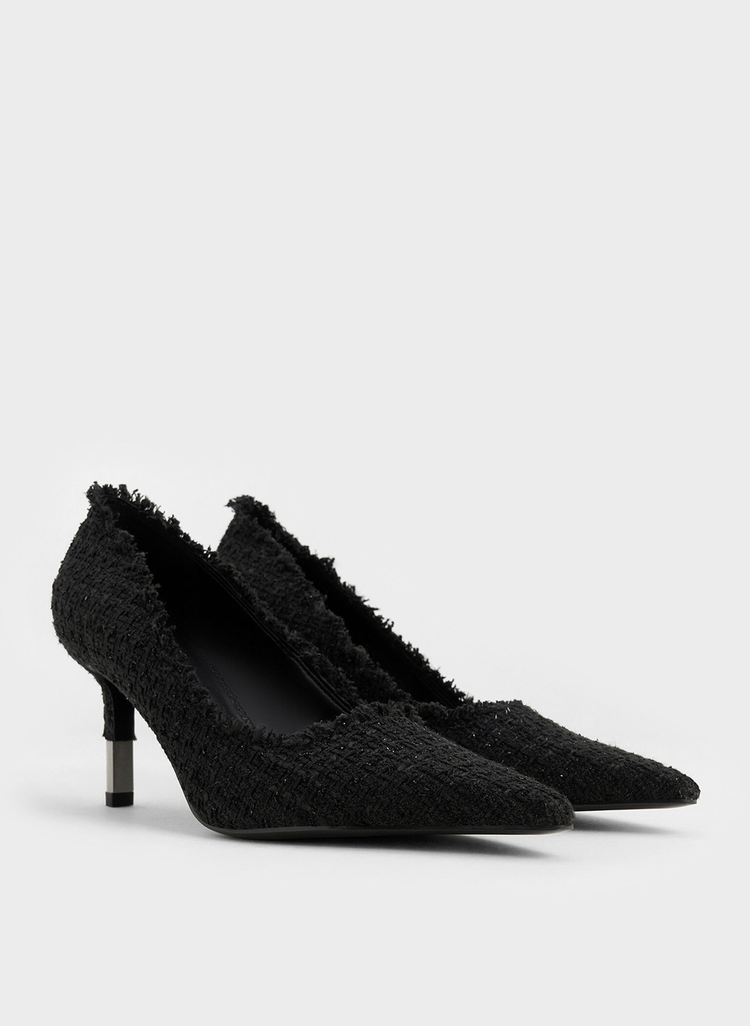 Tweed Pointed-Toe Stiletto Pumps, Black Textured, hi-res