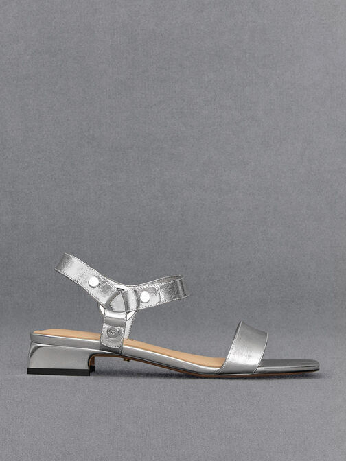 Distressed Leather Ankle-Strap Sandals, Silver, hi-res