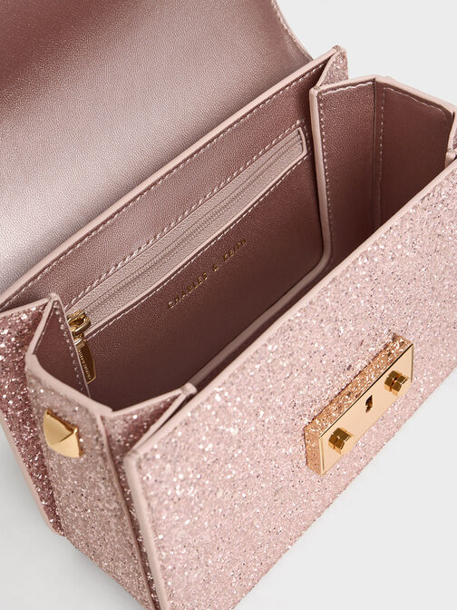 Glittered Push-Lock Chain-Handle Bag, Blush, hi-res