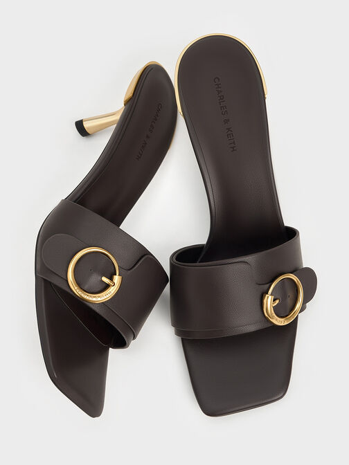 Metallic-Accent Buckled Square-Toe Mules, Dark Brown, hi-res