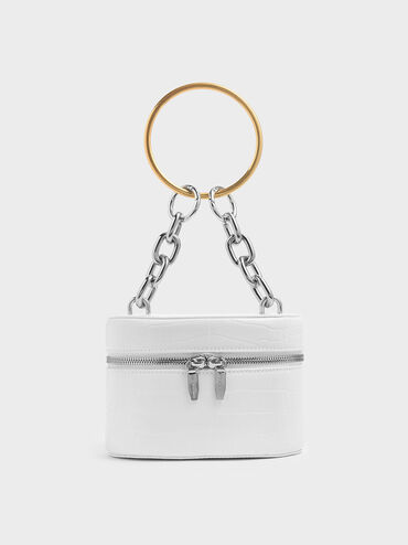 Croc-Effect Bracelet Round Bag, White, hi-res