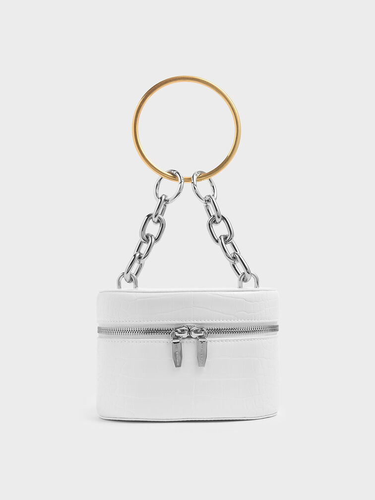 Croc-Effect Bracelet Round Bag, White, hi-res