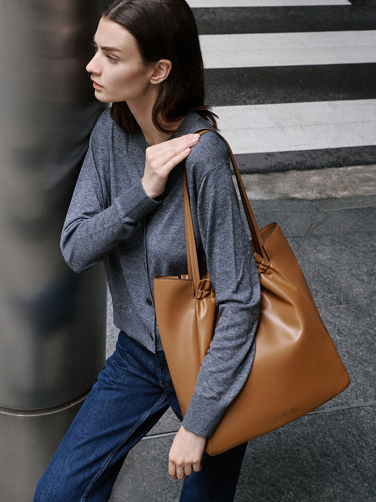 Brigette Ruched Tote Bag, Brown, hi-res