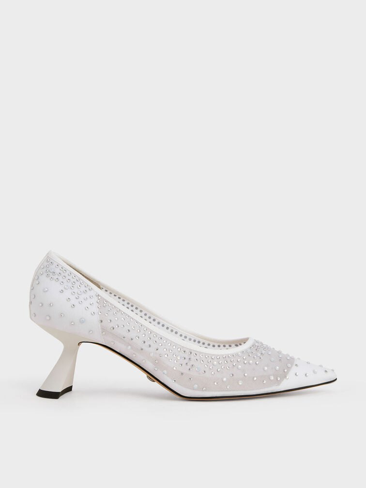 Blythe Mesh Embellished Sculptural Heel Pumps, White, hi-res