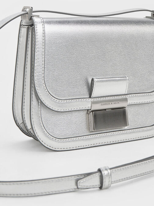 Silver Padded Handle Textured Crossbody Bag - CHARLES & KEITH