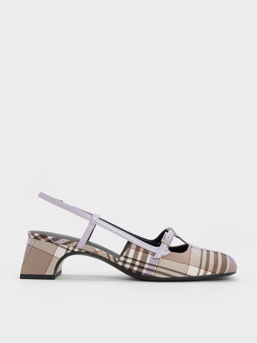 Checkered T-Bar Slingback Pumps, Taupe, hi-res