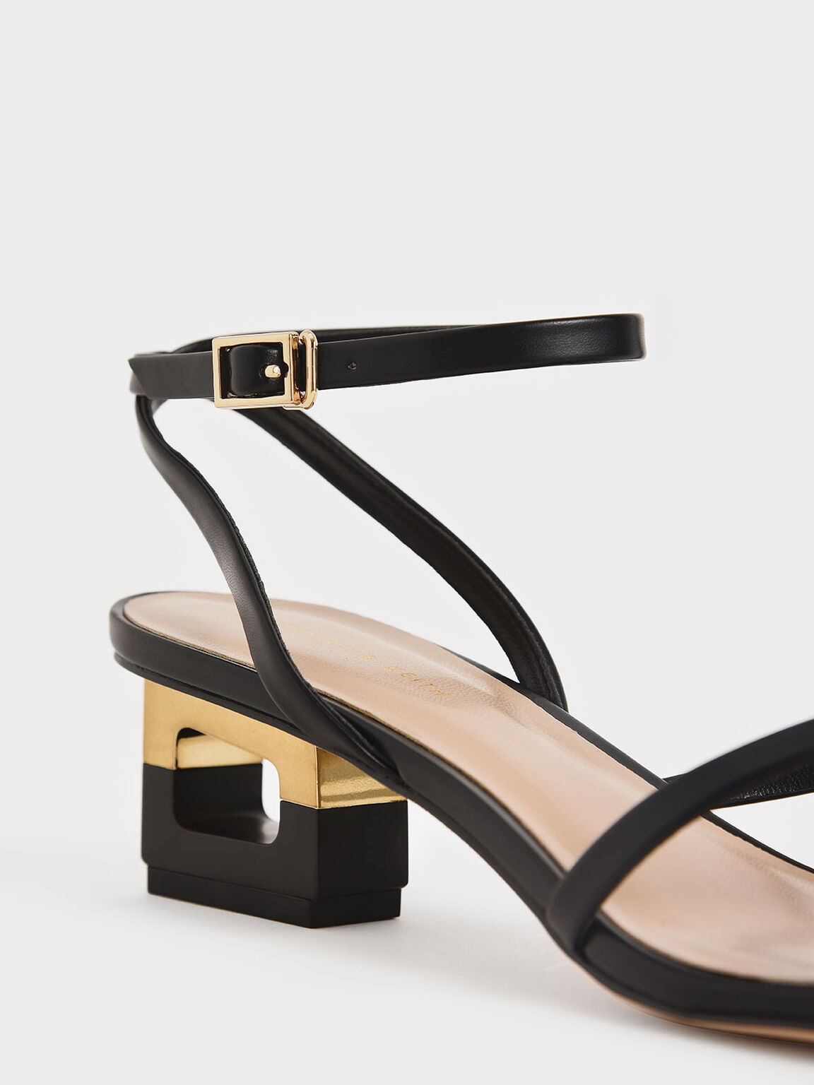 Sculptural Chrome Heel Sandals, Black, hi-res