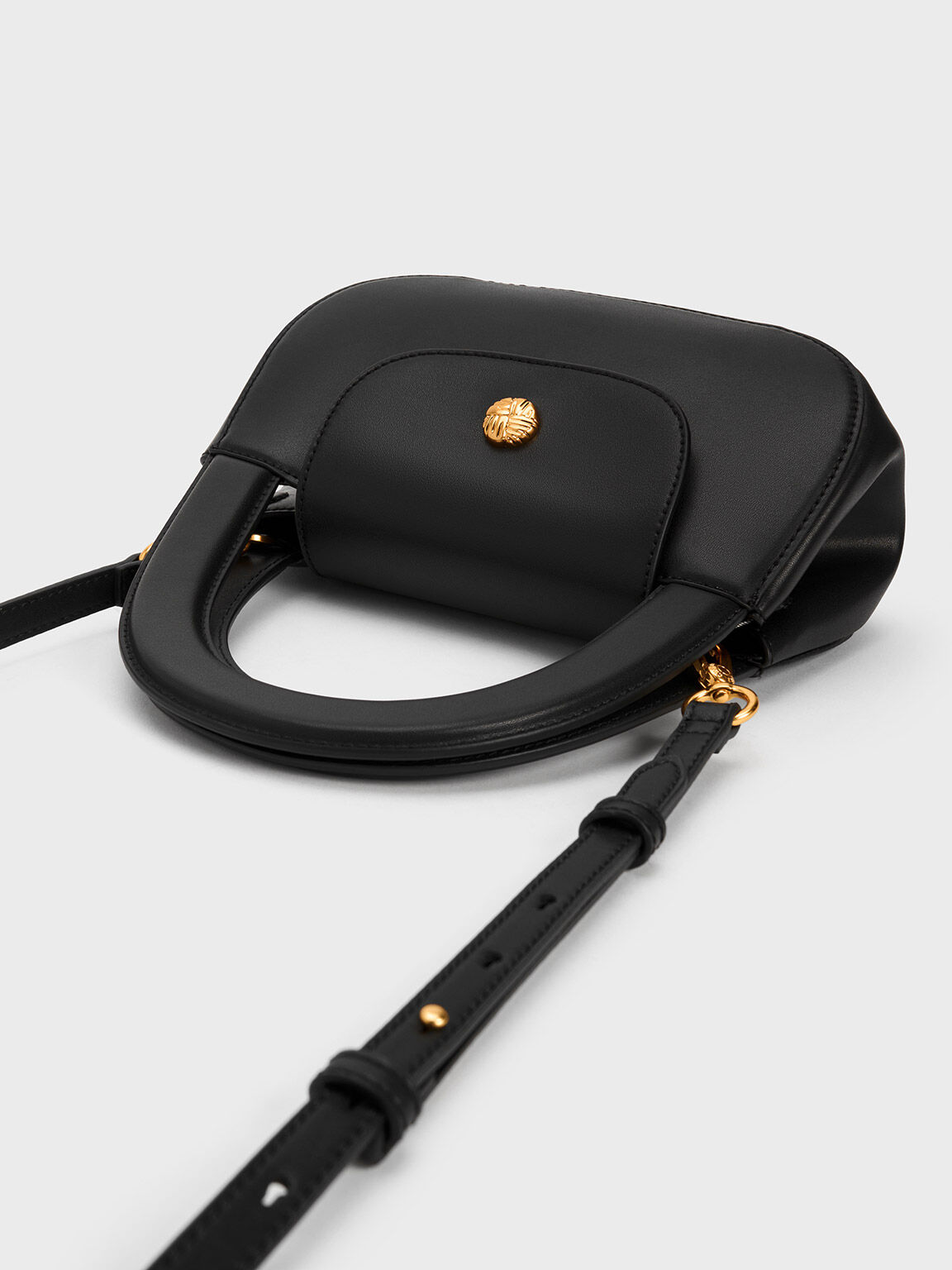 金屬小圓釦手提包, 黑色, hi-res