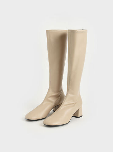 Block Heel Knee Boots, Sand, hi-res