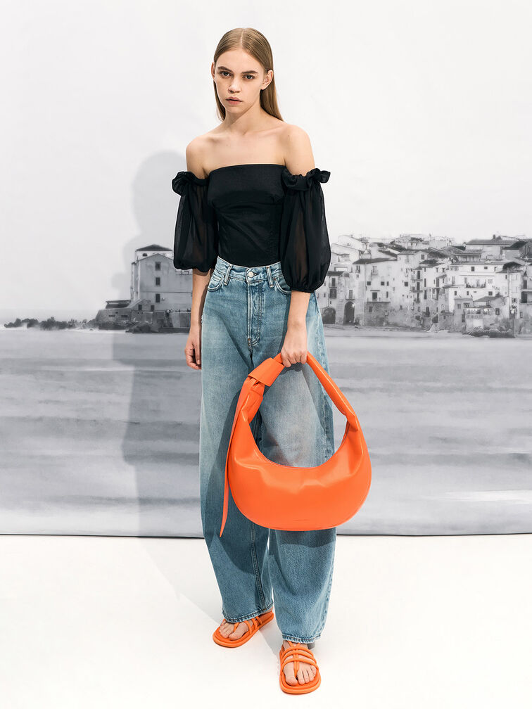 Toni Knotted Curved Hobo Bag, Orange, hi-res