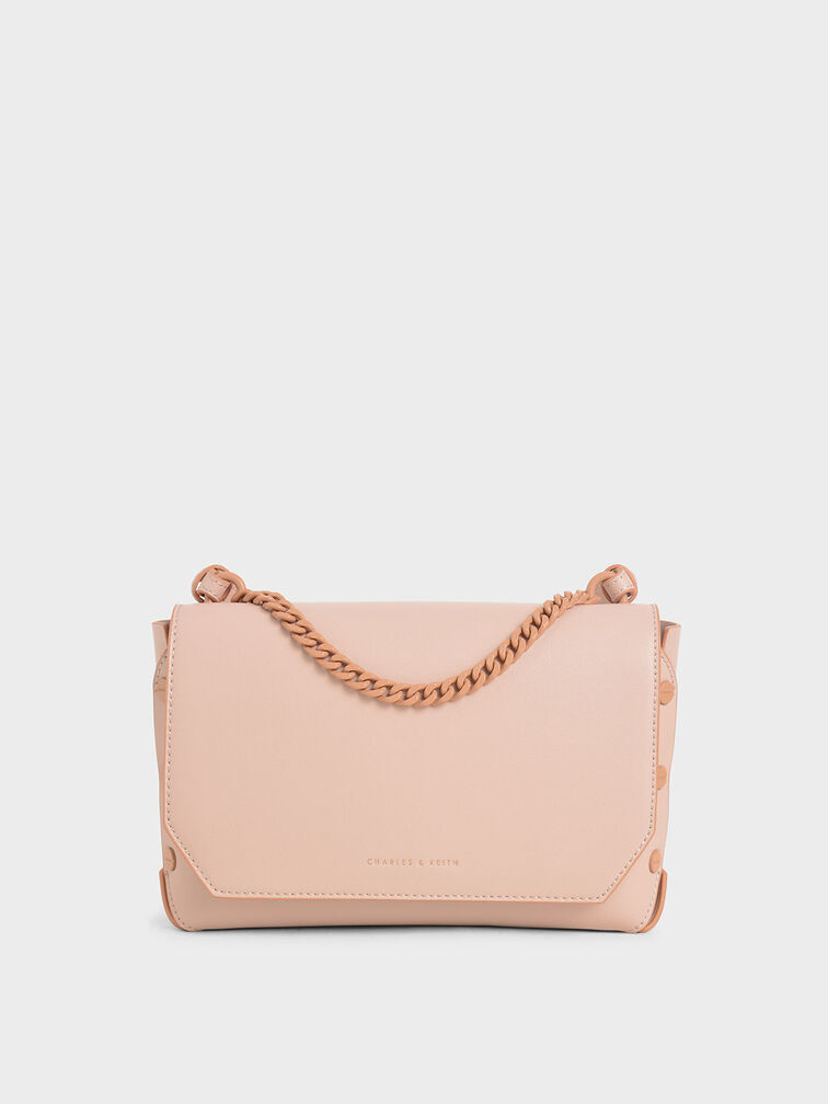 Studded Chain Link Shoulder Bag, Pink, hi-res