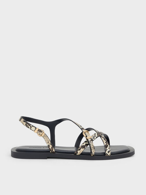 Snake-Print Crossover Slingback Sandals, Animal Print Natural, hi-res