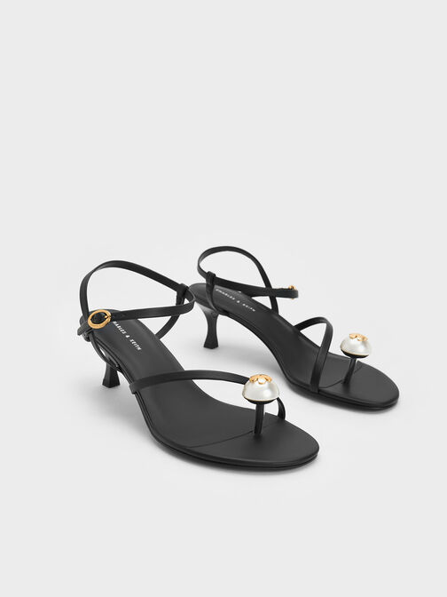 Pearl Embellished Strappy Sandals, Black, hi-res