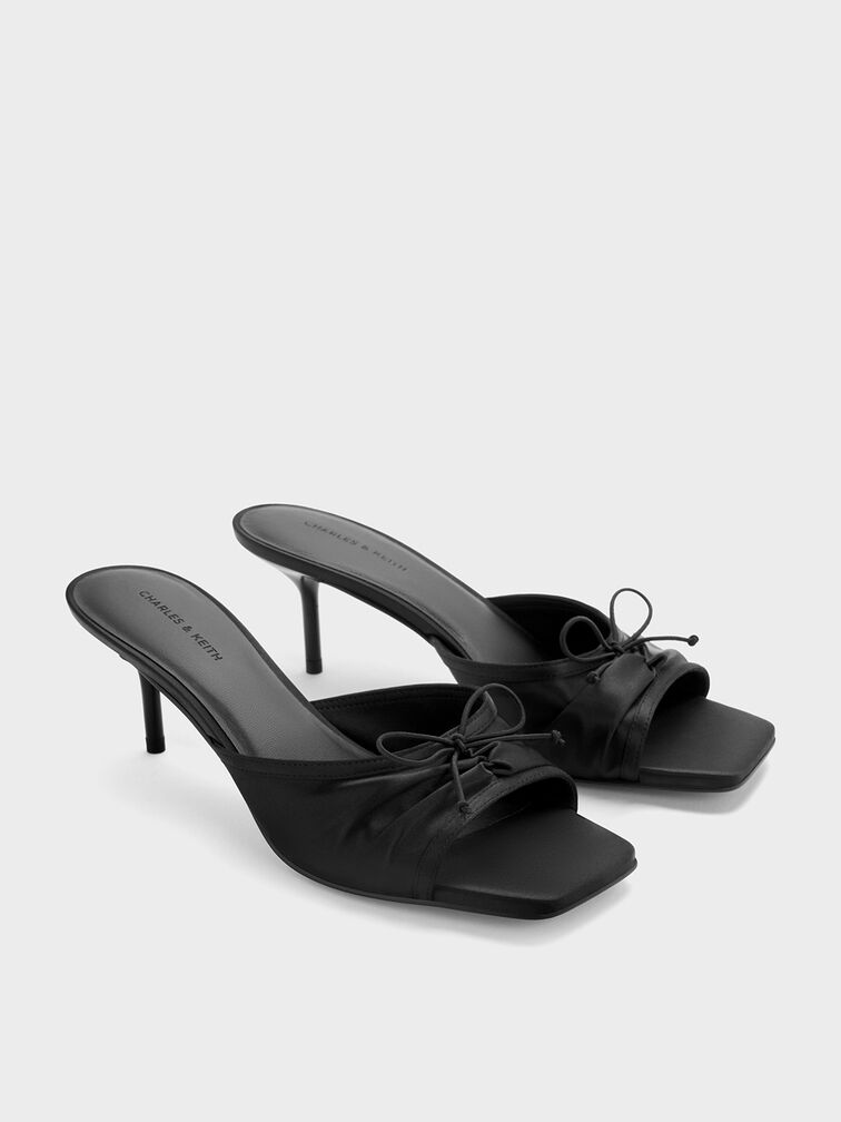 Satin Ruched Bow Heeled Mules, Black Textured, hi-res