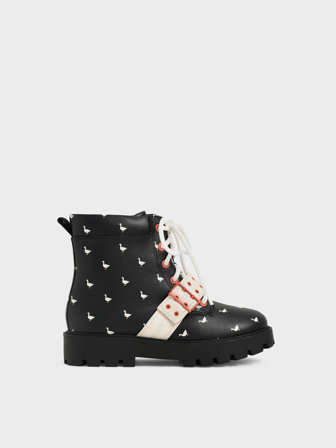 Girls' Printed Lace-Up Ankle Boots, Black Satin, hi-res