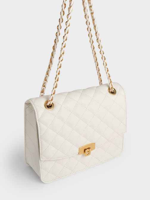 Quilted Chain Strap Clutch, Cream, hi-res