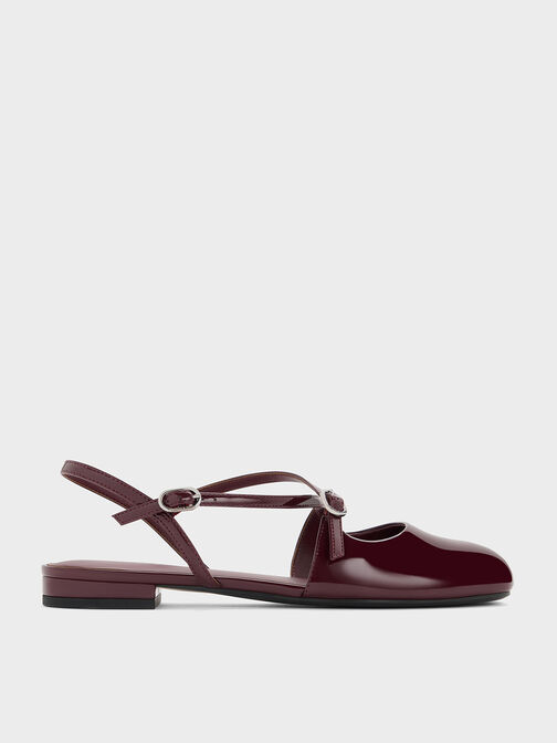 Slingbacks planos de charol con hebilla cruzada, Burgundy, hi-res