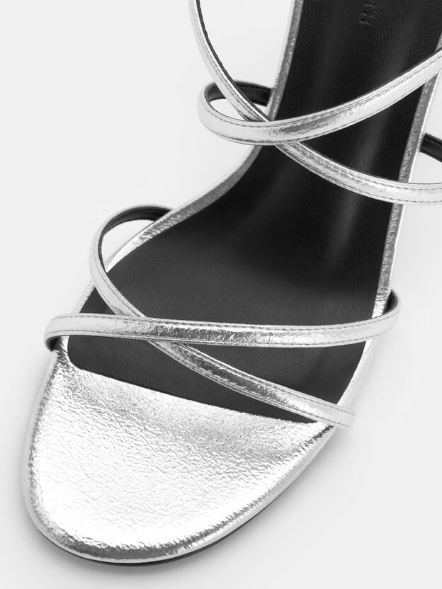 Metallic Strappy Crossover Heeled Sandals, Silver, hi-res